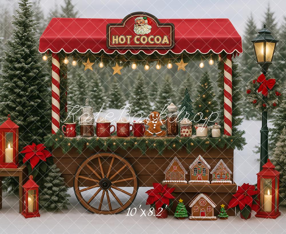 Kate Christmas Hot Cocoa Stand Gingerbread Houses Red Lanterns Backdrop Designed by Ashley Paul
