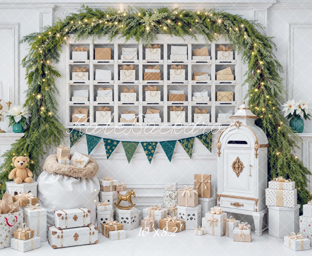 Kate Christmas White Interior Mailbox Evergreen Garland Gift Printed Backdrop Designed by Mini MakeBelieve