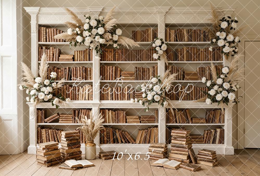 Kate Graduation Bookshelf Brown Books White Flowers Backdrop Designed by Emetselch