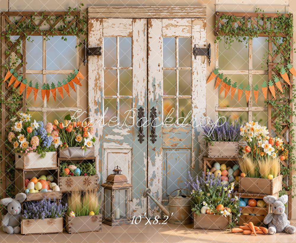 Kate Easter Rustic Wood Door Flowers Bunny Carrots Printed Backdrop Designed by Emetselch
