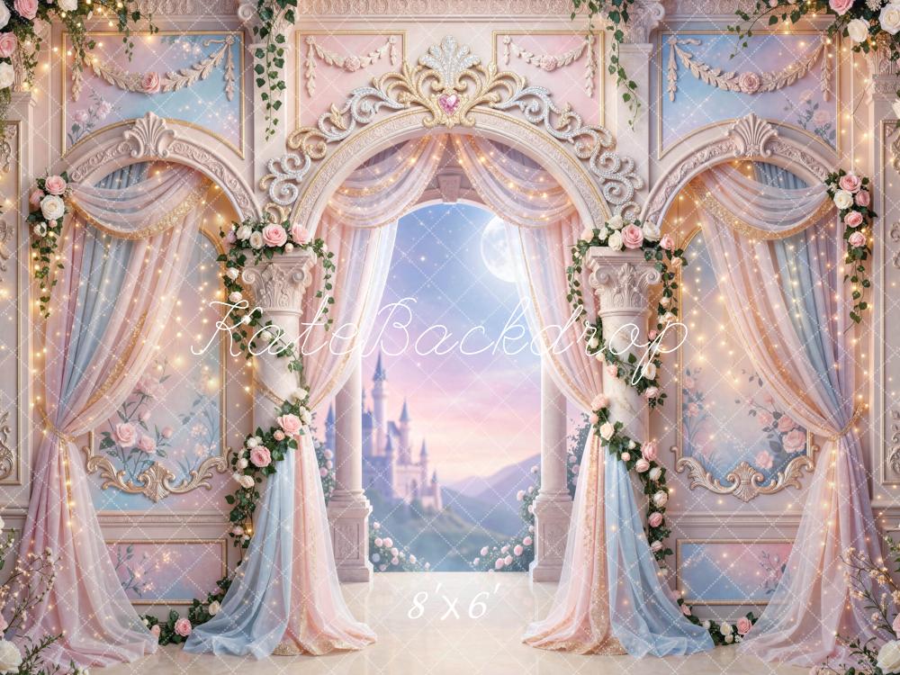 Kate Fairy Fantasy Pink Castle Rose Arch Printed Backdrop Designed by Mini MakeBelieve