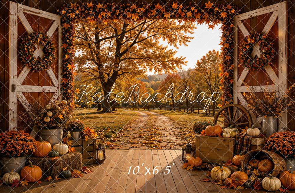 Kate Fall Barn Door Pumpkins Hay Bales Maple Leaves Printed Backdrop Designed by Emetselch