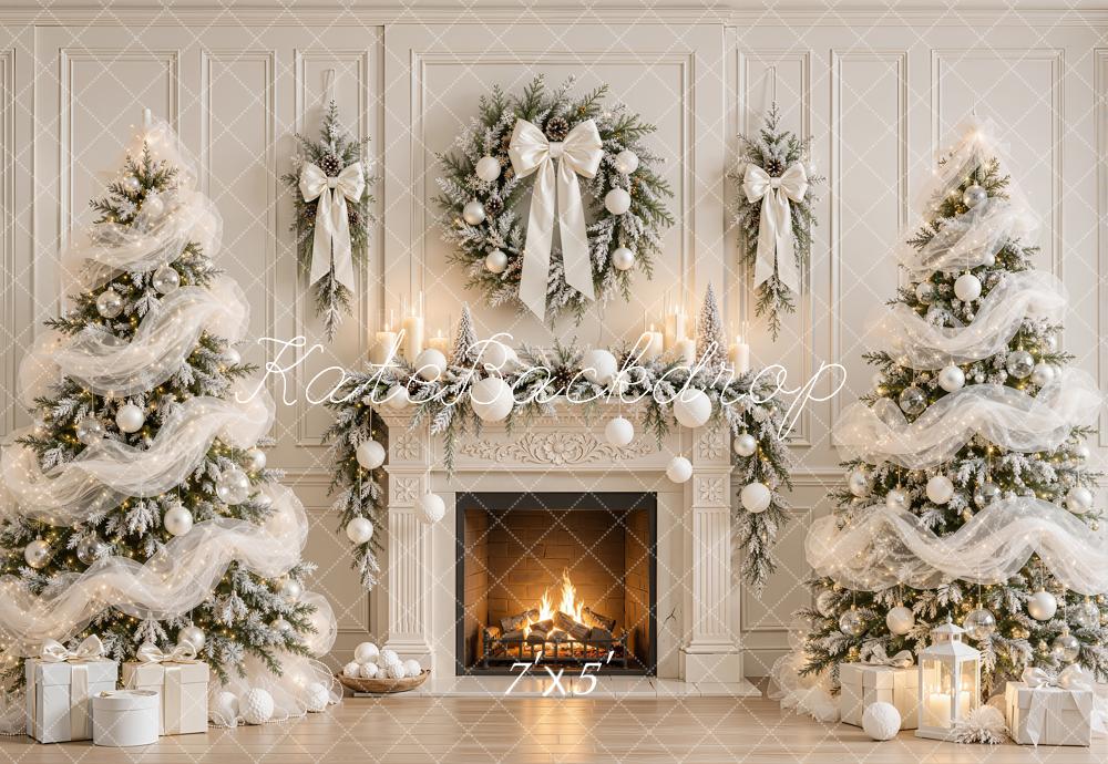 Kate Christmas Trees White Sheer Organza Ribbon Fireplace Wreath Printed Backdrop Designed by Emetselch