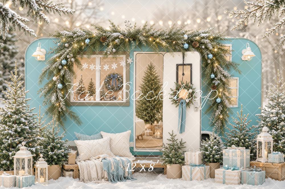 Kate Christmas Blue Camper Garland Trees Gifts Snowy Printed Backdrop Designed by Emetselch
