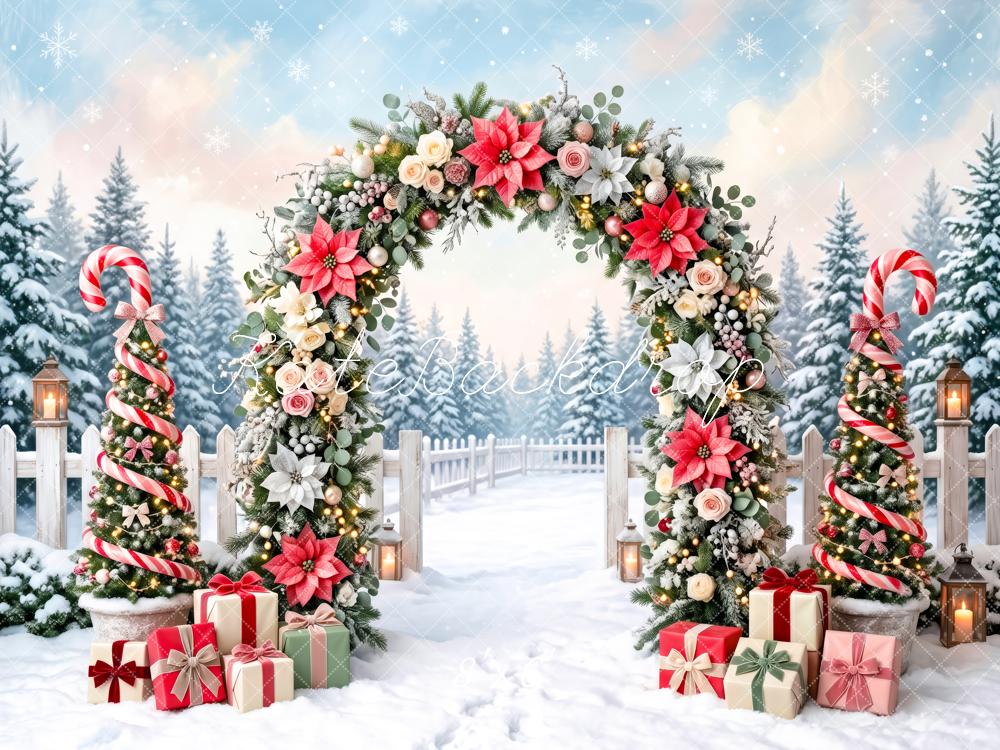 Kate Christmas Candy Cane Floral Arch Gifts Snow Printed Backdrop Designed by Patty Roberts