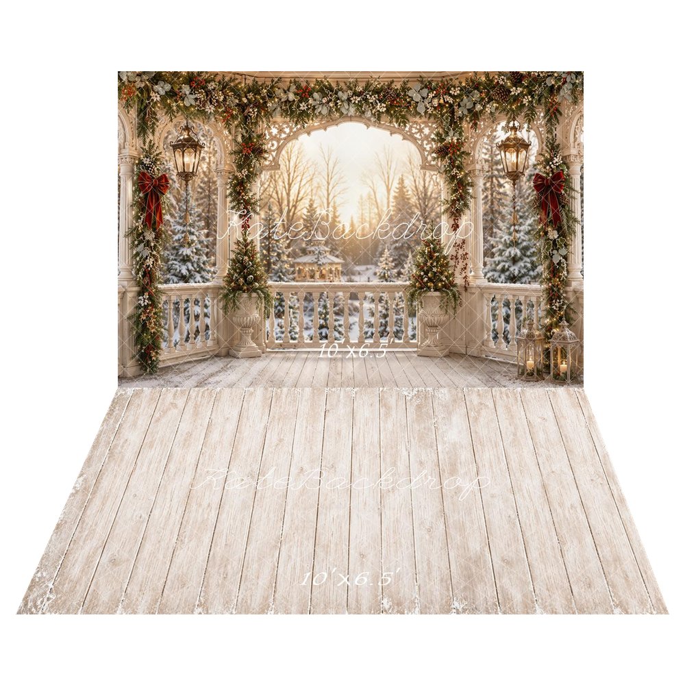 Kate Christmas Garland Gazebo Winter Forest Printed Backdrop+Light Beige Retro Wood Plank Wall Printed Backdrop