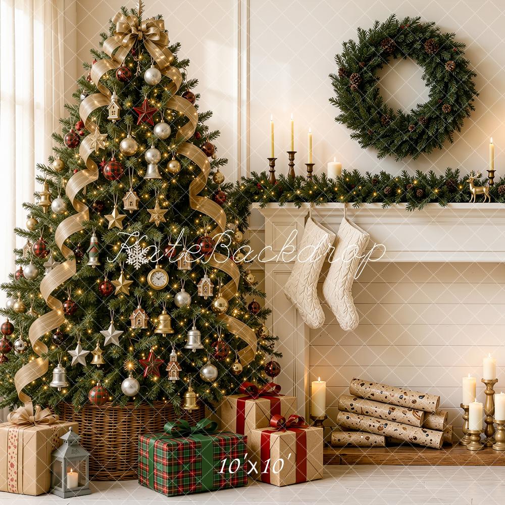 Kate Christmas Tree Fireplace Mantel Wreath Plaid Ladder Printed Backdrop Designed by Shutter Swan Studios