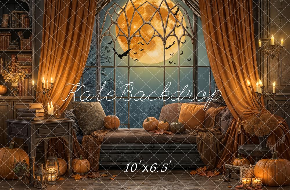Kate Halloween Moon Bats Window Pumpkins Orange Curtains Backdrop Designed by Emetselch