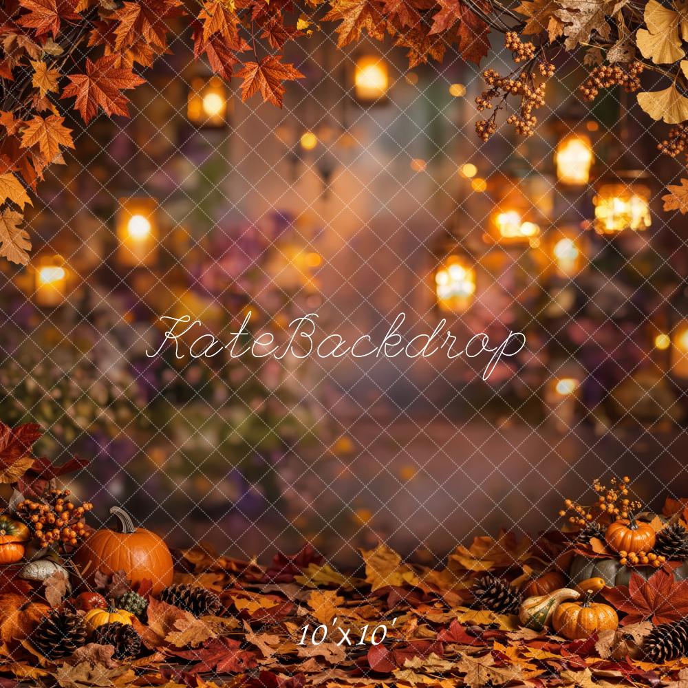 Kate Fall Pumpkins Lantern Leaves Bokeh Printed Backdrop Designed by Emetselch