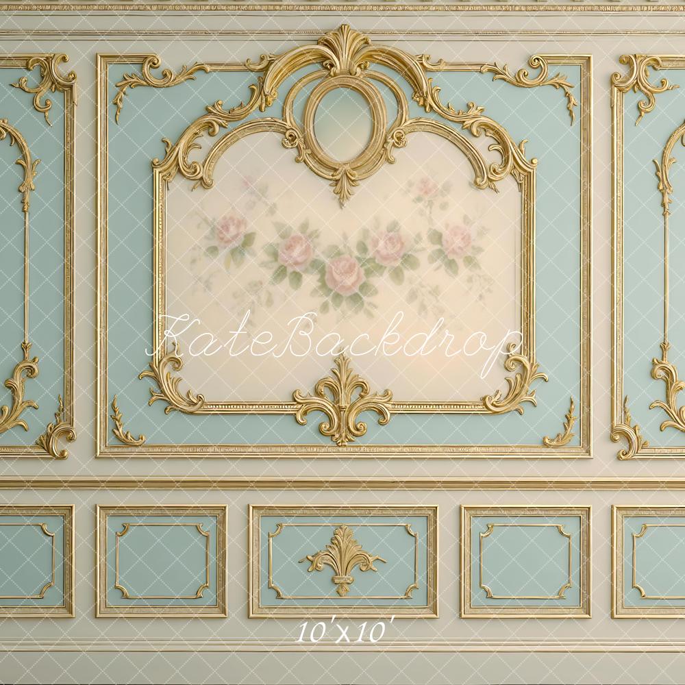 Kate Rococo Blue Vintage Wall Gold Floral Panel Backdrop Designed by Mini MakeBelieve