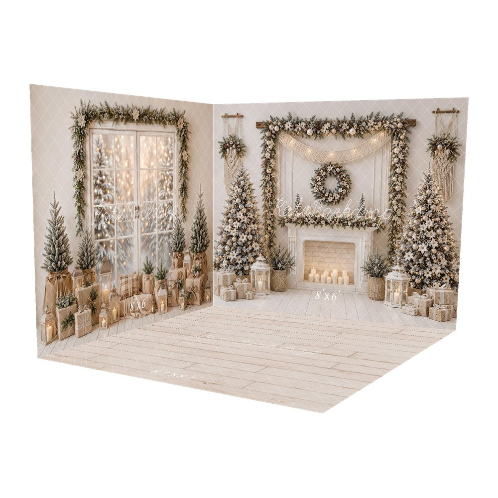 Kate Christmas Fireplace Boho Poinsettia Garland White Trees Gifts Printed Backdrop Room Set