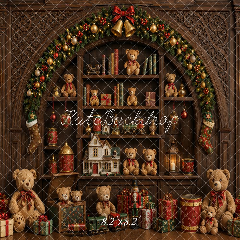 Kate Christmas Toys Room Teddy Bears Arch Bookshelf Gifts Printed Backdrop Designed by Emetselch