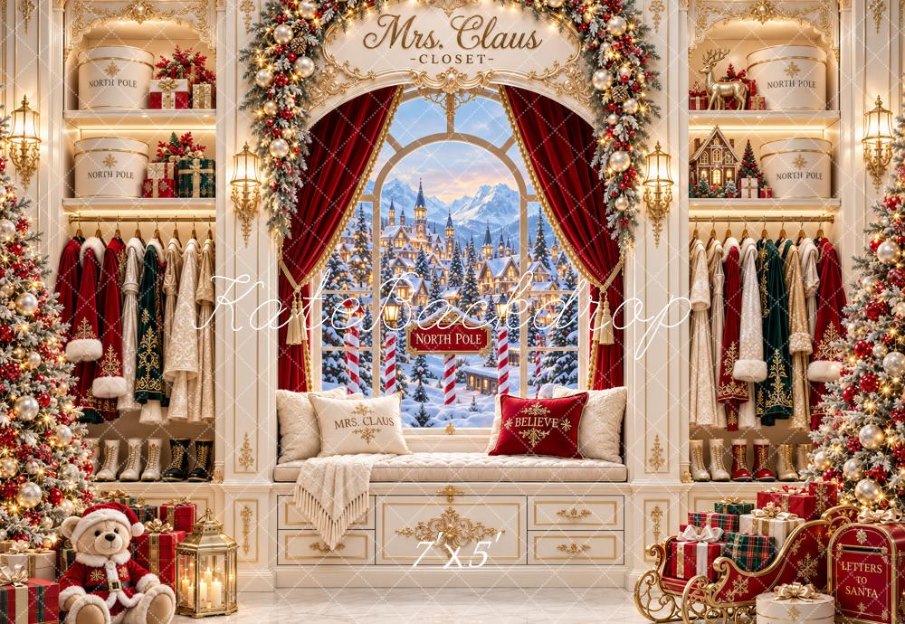 Kate Christmas Mrs. Claus Closet North Pole Window Teddy Bear Printed Backdrop Designed by Ashley Paul