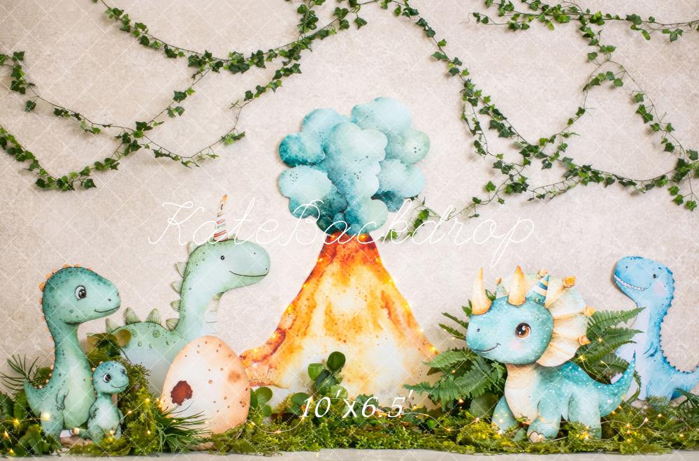 Kate Cake Smash Dinosaur Volcano Jungle Vines Printed Backdrop Designed by Megan Leigh Photography