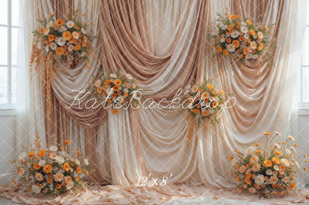 Kate Fall Beige Draped Curtains Orange Flower Printed Backdrop Designed by Mini MakeBelieve