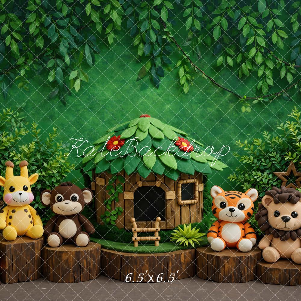 Kate Jungle Animals Hut Tree Stumps Greenery Printed Backdrop Designed by Mini MakeBelieve