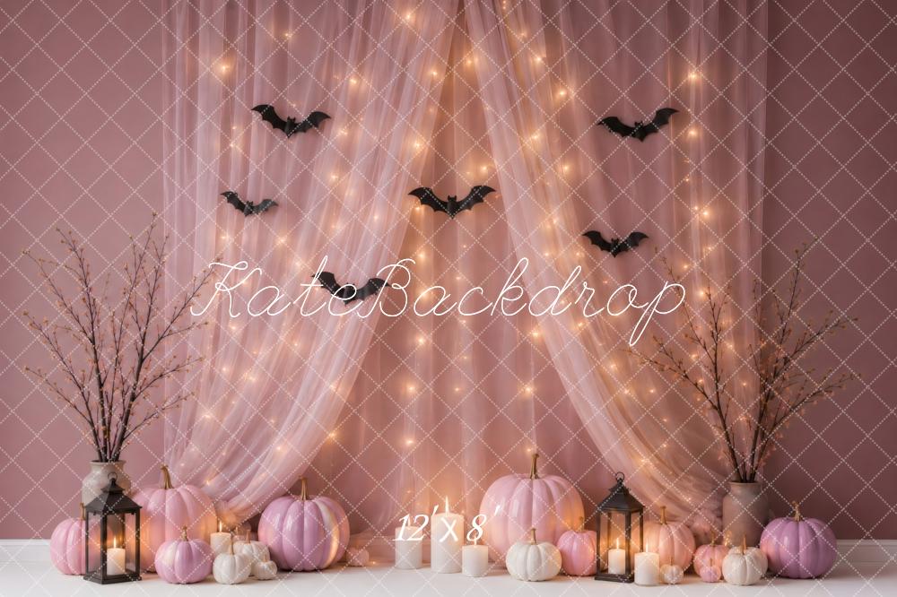 Kate Halloween Blush Pink Pumpkins Bats Fairy Lights Printed Backdrop Designed by Vertigo Productions