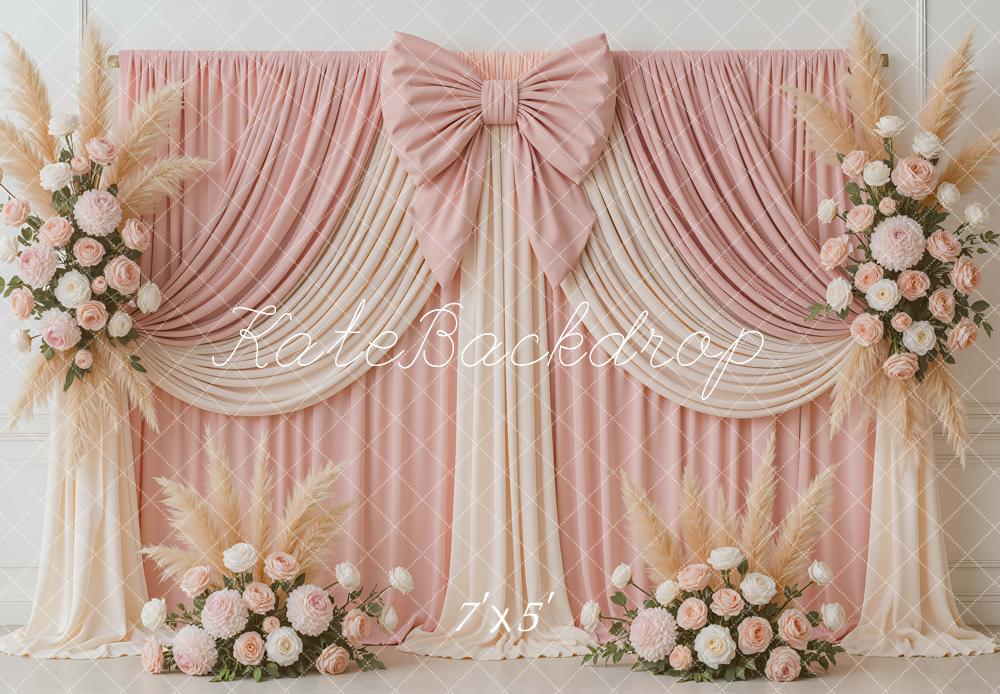 Kate Spring Romantic Birthday Pink Drapes Bow Flower Arch Backdrop Designed by Mini MakeBelieve