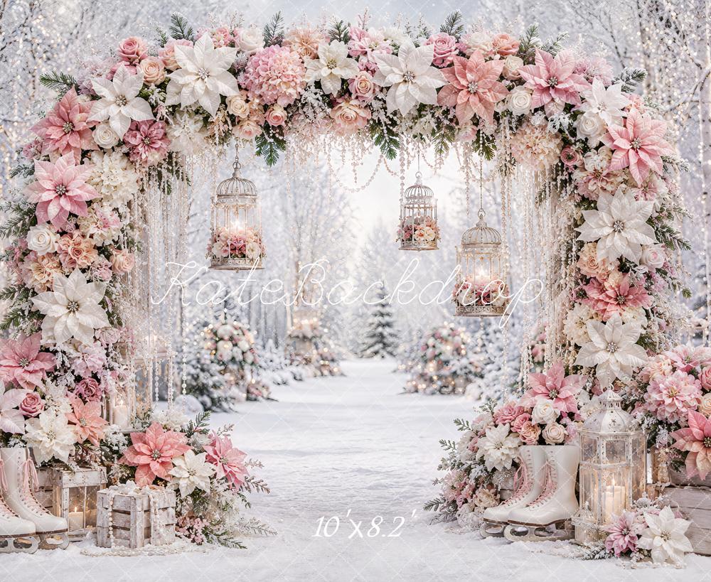 Kate Christmas Winter Pink Poinsettias Flower Arch Ice Skates Printed Backdrop Designed by Ashley Paul