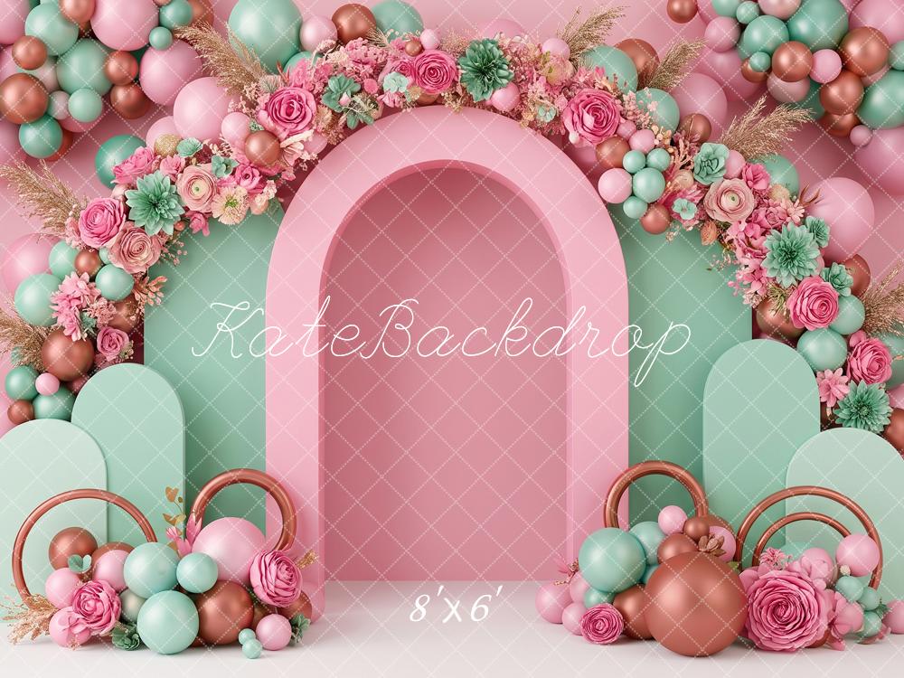 Kate Cake Smash Flower Arch Pink Mint Balloons Printed Backdrop Designed by Angela Miller