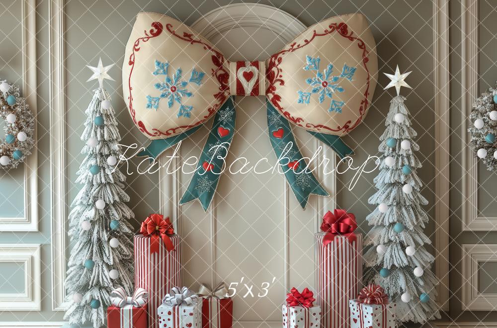 Fondo de Regalos de Árboles Nevados con Gran Lazo de Navidad Diseñado por Mini MakeBelieve
