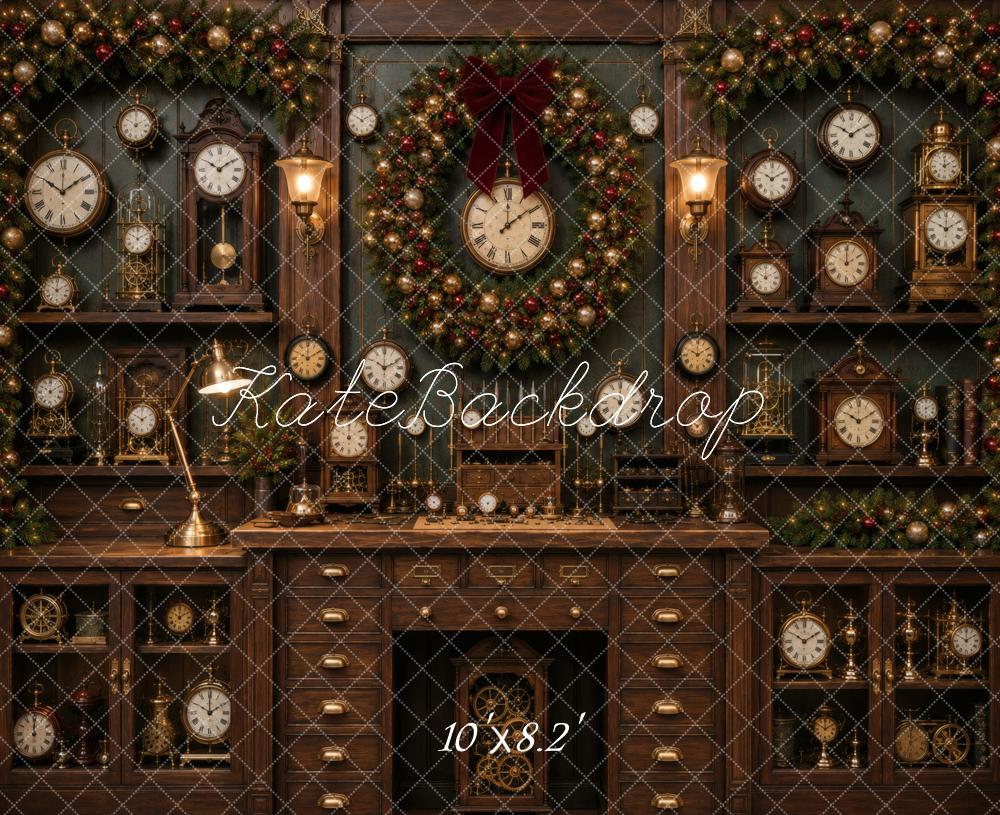 Kate Christmas Garland Vintage Clocks Cabinet Printed Backdrop Designed by Vertigo Productions