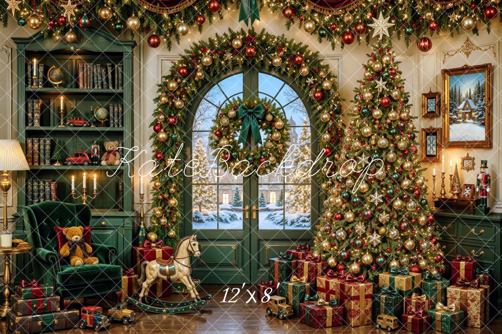 Kate Christmas Tree Green Bookcase Gifts Wreath Toys Printed Backdrop Designed by Mini MakeBelieve