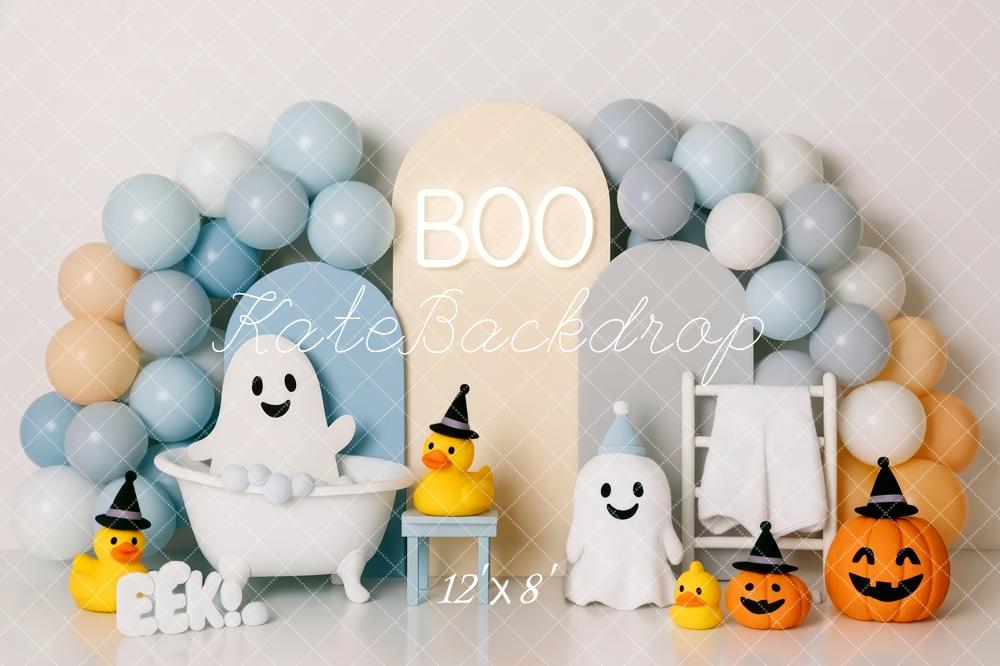 Kate Halloween Ghost Shower Bathtub Pastel Balloons Pumpkins Backdrop Designed by Patty Roberts