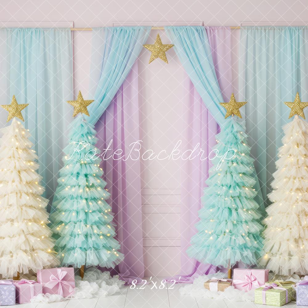 Kate Christmas Pastel Trees Drapes Presents Backdrop Designed by Patty Roberts