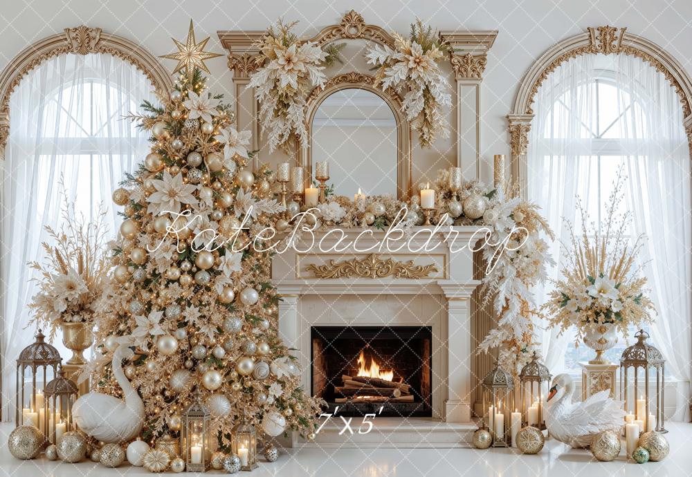 Kate Christmas Tree Luxury Gold Fireplace Garland Poinsettia Printed Backdrop Designed by Mini MakeBelieve