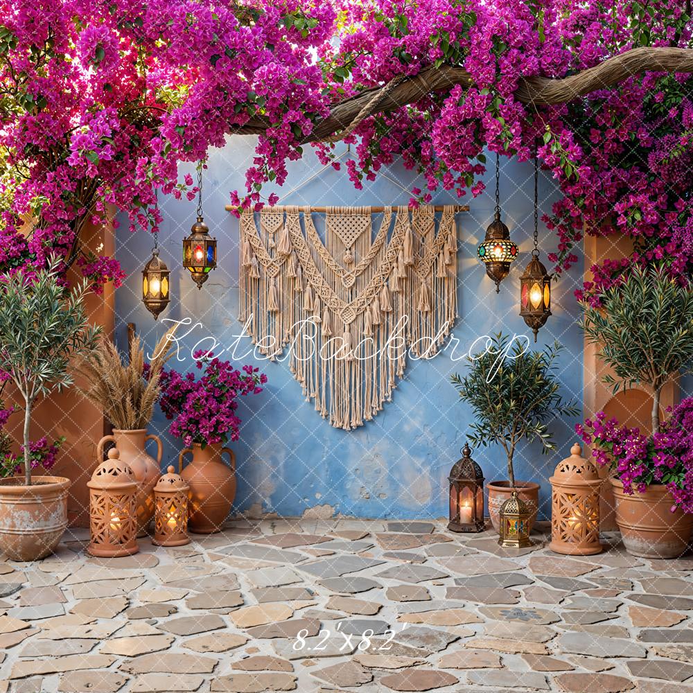 Kate Boho Macrame Pink Flower Arch Lanterns Blue Wall Backdrop Designed by Emetselch