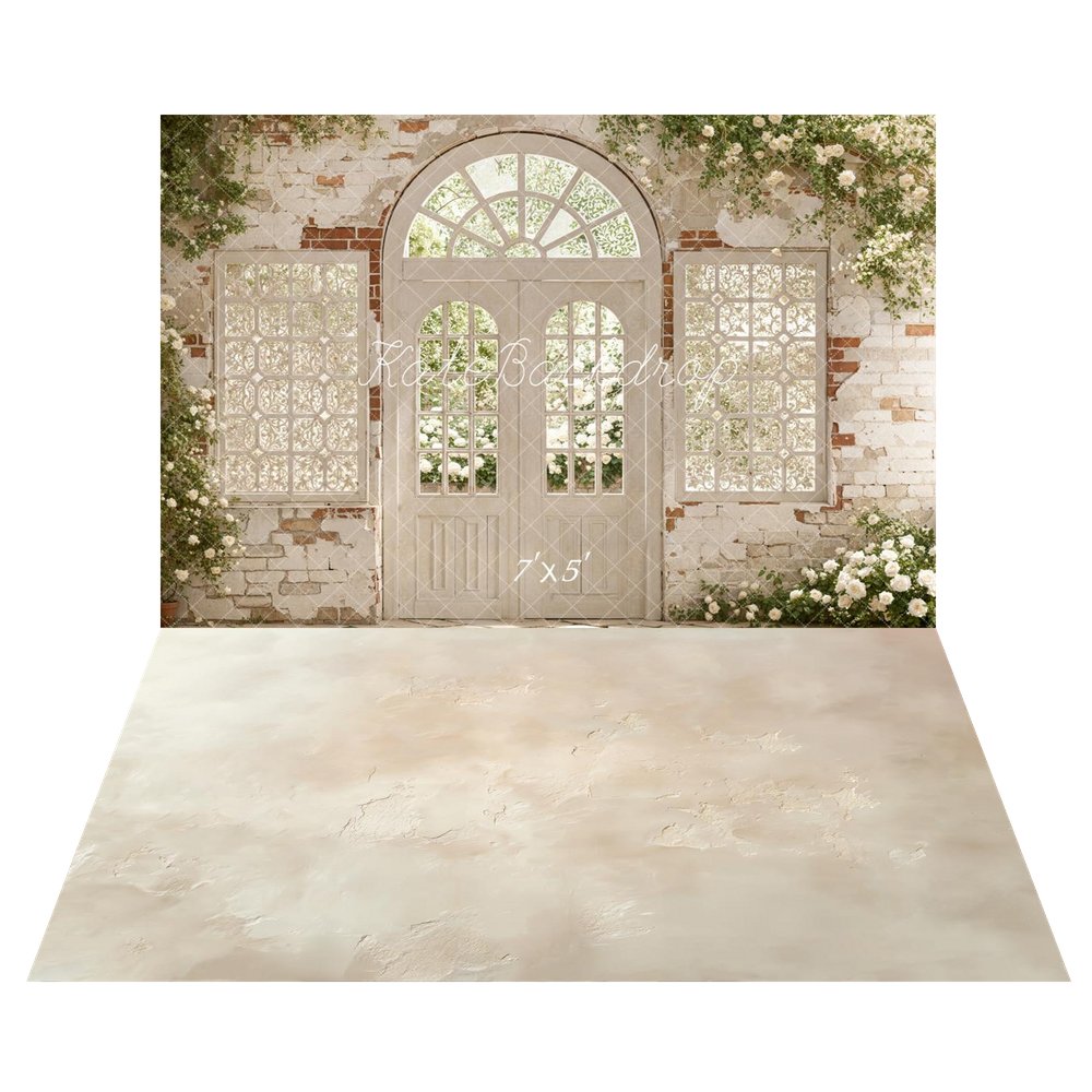 Kate Spring White Brick Arch Door Floral Window Printed Backdrop+Beige Abstract Texture Printed Floor Backdrop
