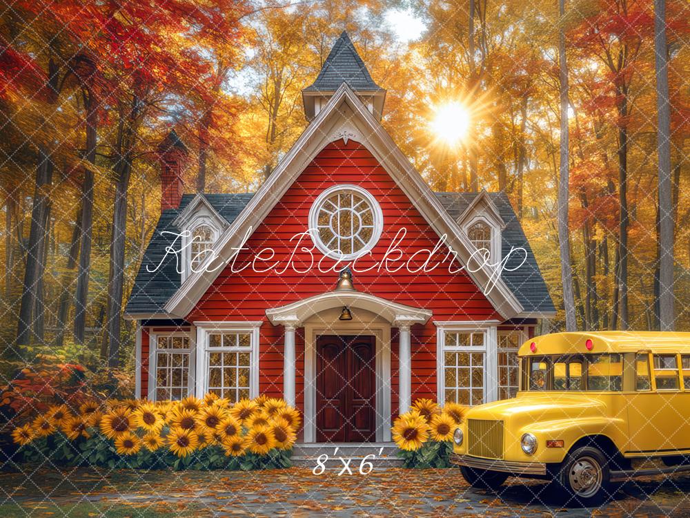 Kate Fall Schoolhouse Sunflower Forest Backdrop Designed by Mini MakeBelieve
