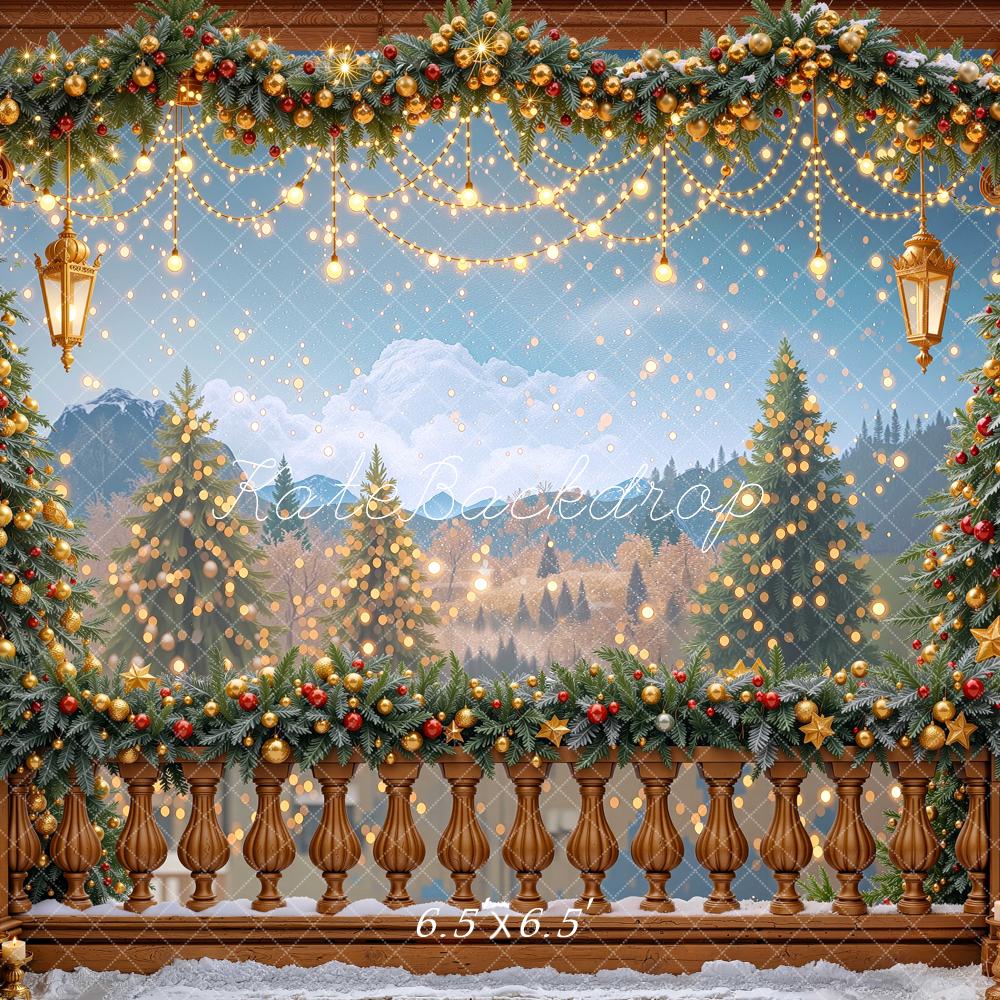 Kate Christmas Garland Columns Mountain Balcony String Lights Printed Backdrop Designed by Mini MakeBelieve