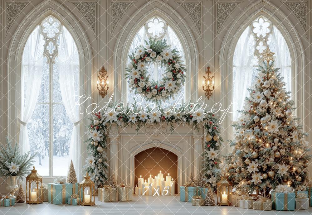 Kate Christmas Cathedral Fireplace Wreath Tree Printed Backdrop Designed by Mini MakeBelieve