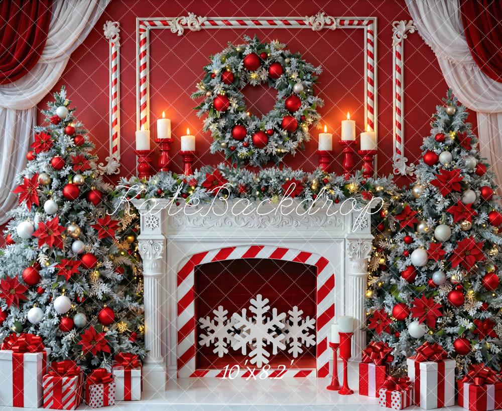 Kate Christmas Red Fireplace Snowflake Tree Wreath Gifts Curtains Printed Backdrop Designed by Mini MakeBelieve