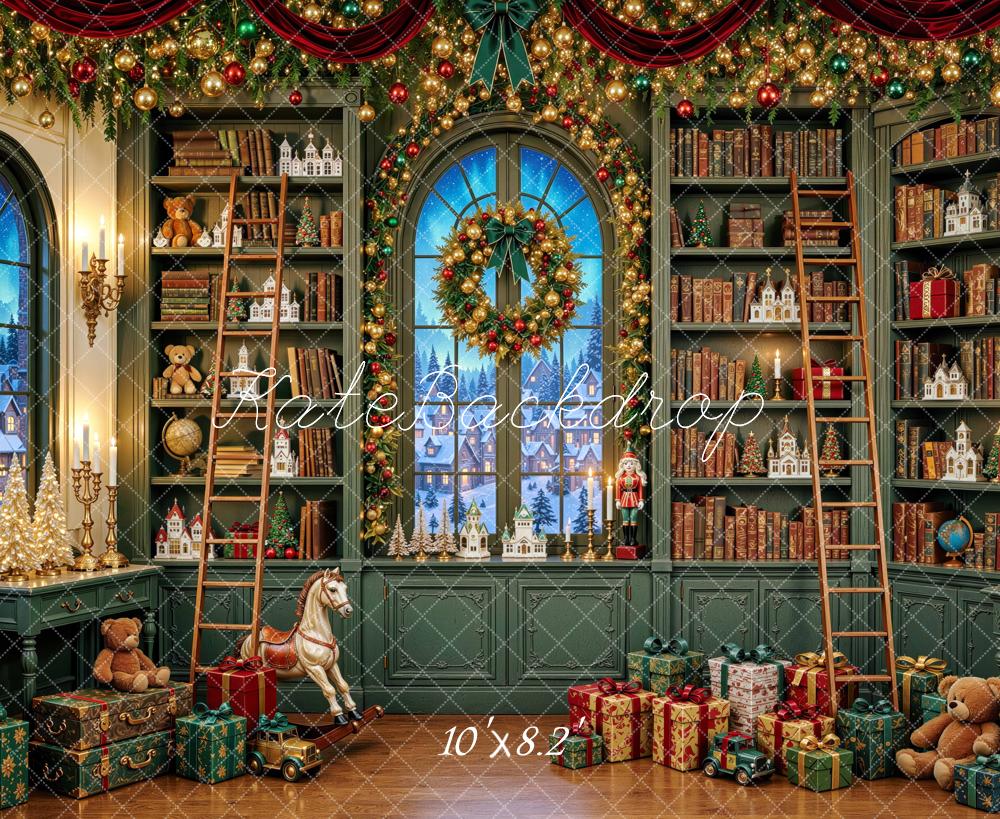 Kate Christmas Green Library Bookshelves Wreath Gifts Printed Backdrop Designed by Mini MakeBelieve
