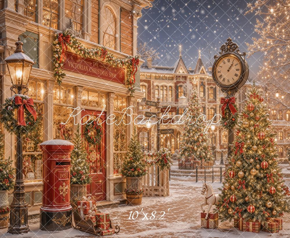 Kate Christmas Victorian Street Clock Lamp Post Christmas Tree Gifts Printed Backdrop Designed by Emetselch
