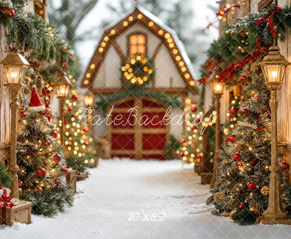 Kate Christmas Village Path Wreath Lanterns Pine Trees Backdrop Designed by Emetselch