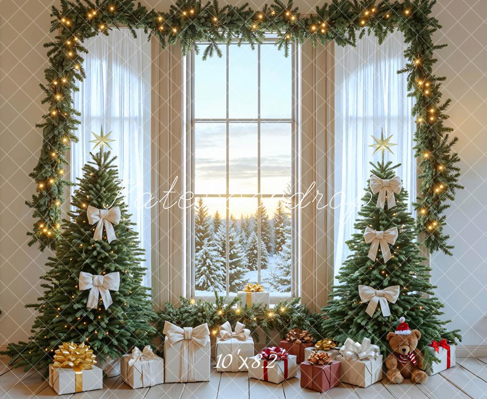 Kate Christmas Tree Garland Window Gifts Bow Snow Backdrop Designed by Mini MakeBelieve