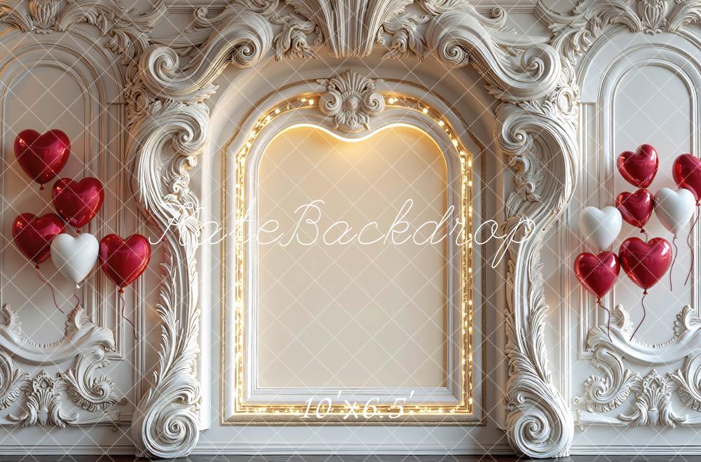 Kate Valentine's Day Ornate White Wall Heart Balloons Backdrop Designed by Mini MakeBelieve