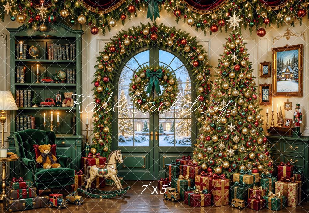 Kate Christmas Tree Green Bookcase Gifts Wreath Toys Printed Backdrop Designed by Mini MakeBelieve