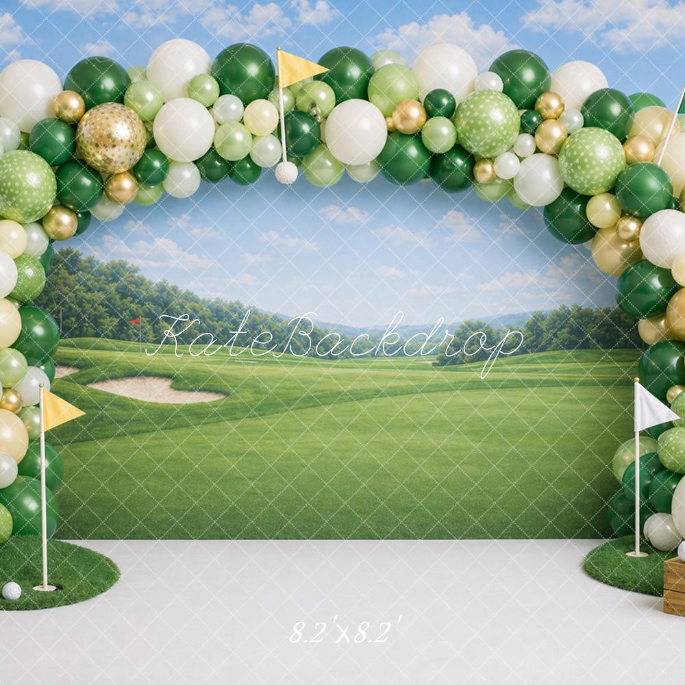 Kate Birthday Golf Course Balloon Arch Green Fairway Printed Backdrop Designed by Caitlin Lynch