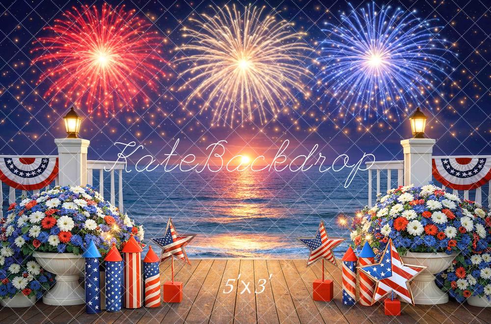 Kate 4th Of July Fireworks Ocean Deck Floral Printed Backdrop Designed by Mini MakeBelieve