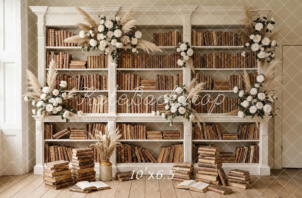 Kate Graduation Bookshelf Brown Books White Flowers Backdrop Designed by Emetselch