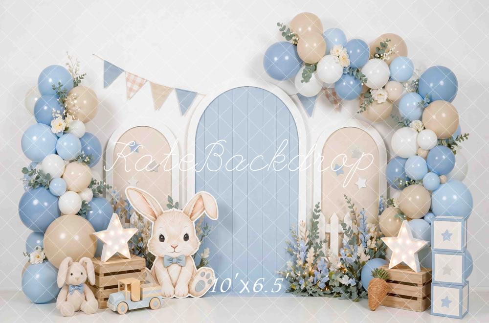 Kate Cake Smash Bunny Blue Beige Balloon Arch Printed Backdrop Designed by Mini MakeBelieve