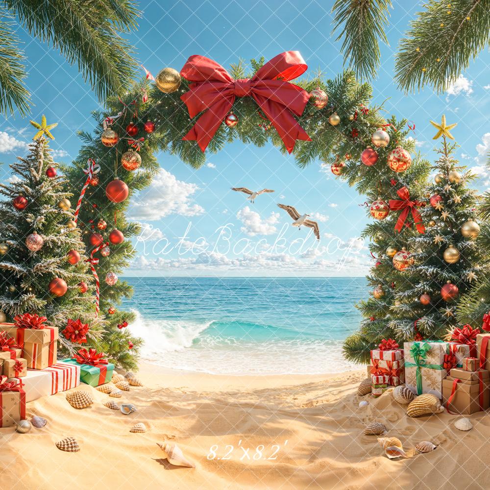 Kate Christmas Beach Tree Arch Gifts Bow Backdrop Designed by Emetselch