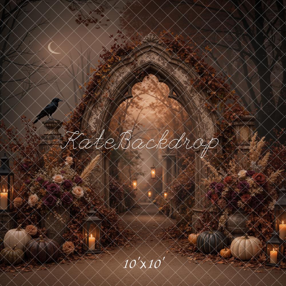 Kate Halloween Gothic Arch Pumpkins Flowers Candles Printed Backdrop Designed by Jordan Moon