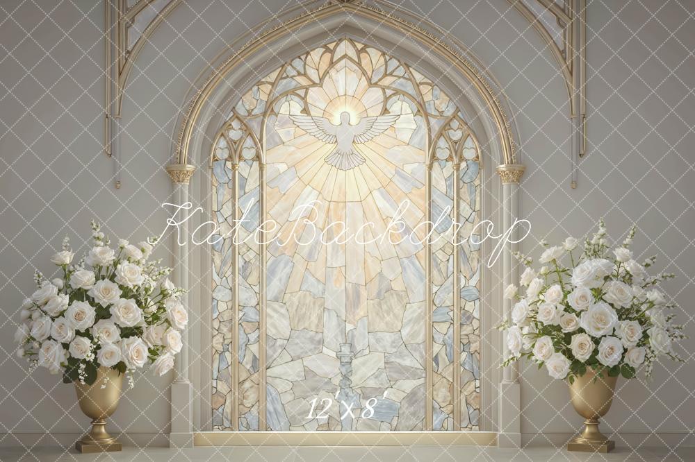 Kate Church Stained Glass Dove Window White Roses Printed Backdrop Designed by Mini MakeBelieve
