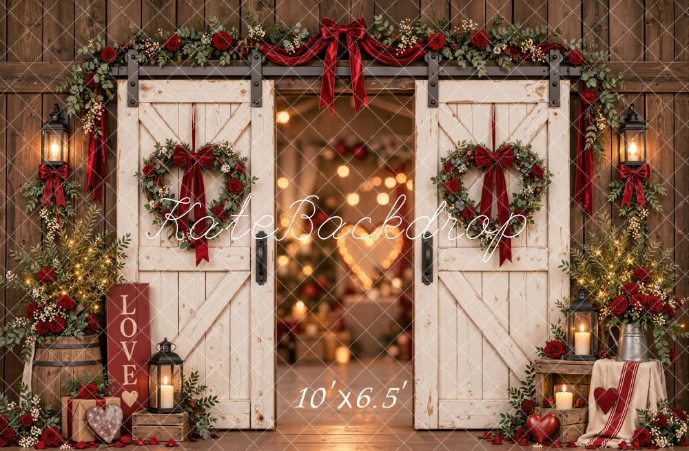 Kate Valentine's Day Rustic Barn Doors Roses Heart Wreath Printed Backdrop Designed by Emetselch